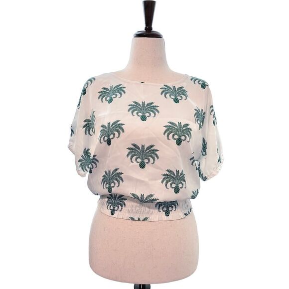 Ann Taylor Pineapple Blouse Cropped Short Gathered Sleeve Size Large White/Green - Picture 1 of 9